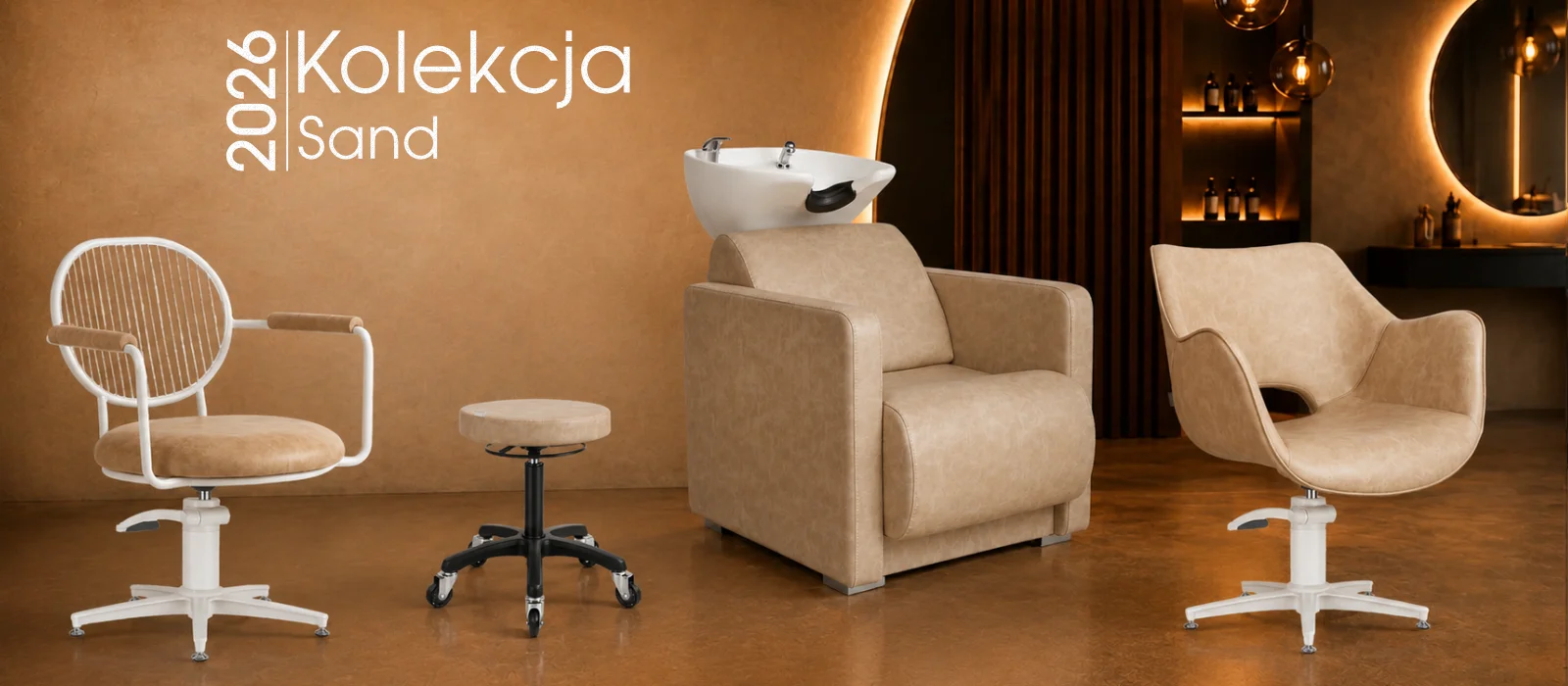 Kolekcja Piaskowa w Premium Salon to meble fryzjerskie premium w eleganckim piaskowym kolorze na tle luksusowego salonu